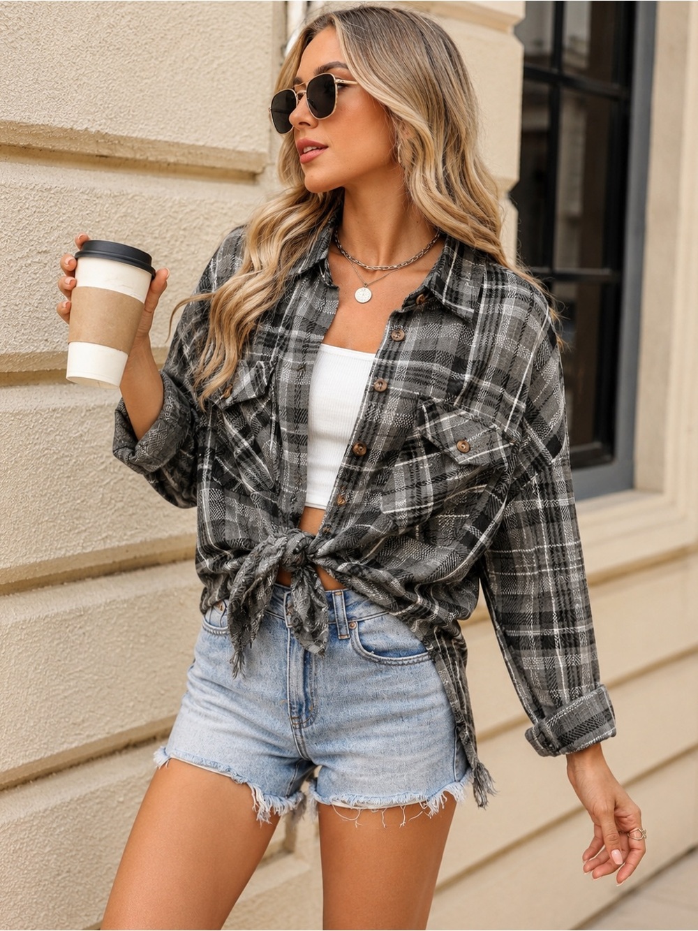 White Birch Black and Gray Plaid Button-Down raw hem Shirt